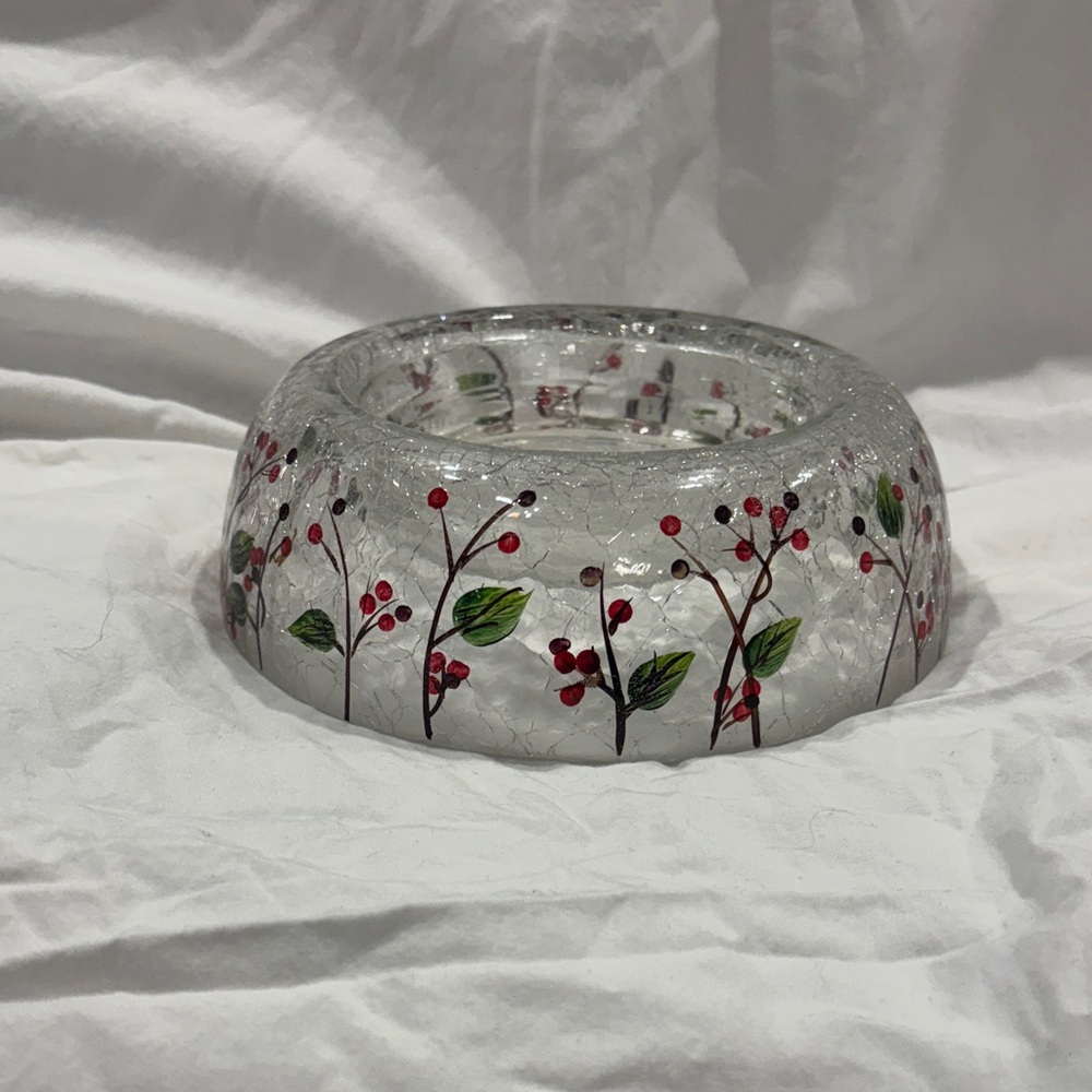 Glass Large Jar Candle Holder with Red and Green Leaf Design